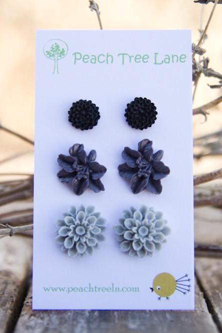 Grey Mum, Purple Lily, & Black Chrysanthemum Flower Post Earring Set Vintage Style - Dusk