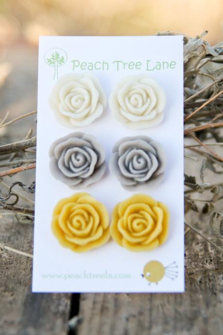 Large Rose Mustard Yellow, Cream, Grey Stud Earrings Perfect for Bridesmaid Gifts or Bridal Jewelry