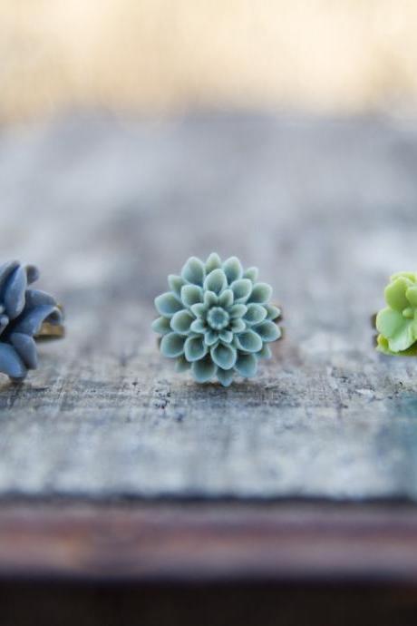 Green & Grey Lily Mum Flower Vintage Style Ring Set - Wasabi