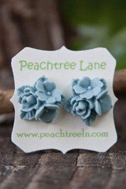 Blue Rose & Lily Flower Cabochon Post Earring Studs - Belle