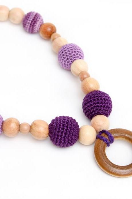 Eco - friendly Nursing Juniper Necklace/Teething necklace - Breastfeeding. Teething toy with wooden ring - purple, lavender, lilac.