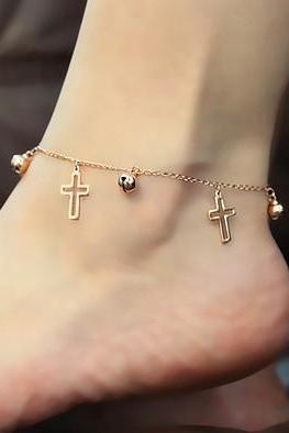 Hollow Cross Anklet With Small Bell