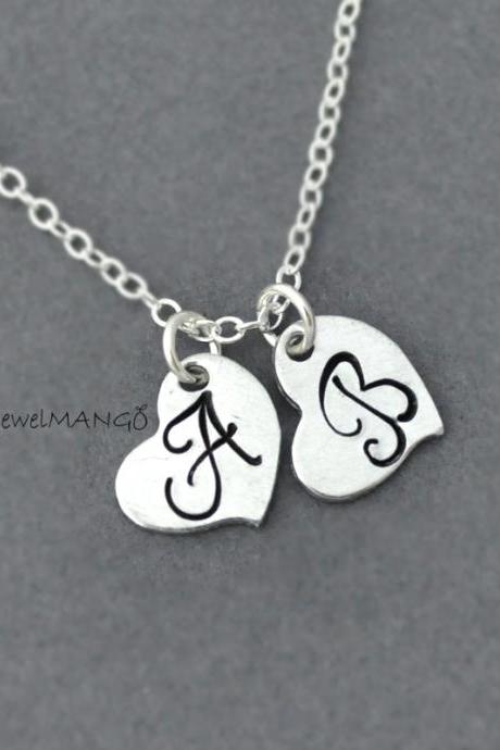Dainty Two Hearts Initial Necklace , Two Heart, Double Heart Necklace, Love Necklace, Heart Pendant, Initial Necklace, Monogram, Cursive