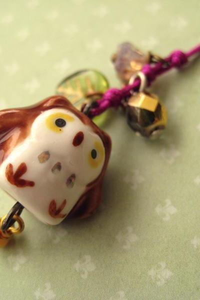 Phone charm with cute porcelain owl - When spring is here