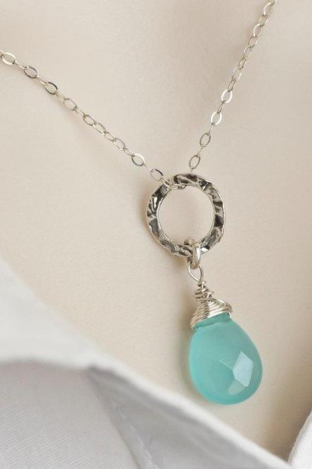 Aqua Blue Quartz Necklace, Sterling Silver Hammered Ring and Custom Stone Briolette Necklace, Bridesmaids Necklace