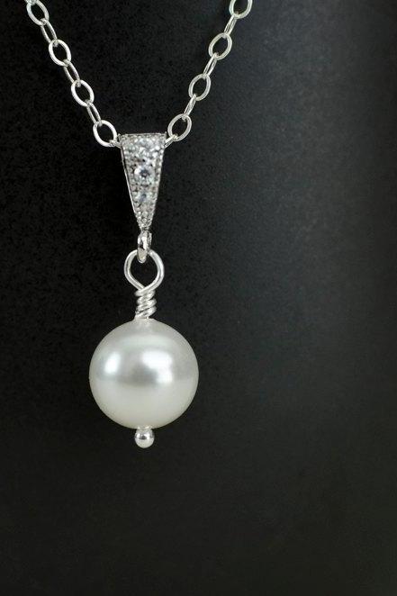 Single Pearl Pendant Necklace, Rhinestone Pearl Bridal Pendant Sterling Silver Chain, Simple, Bridal Jewelry, Solitaire Pearl