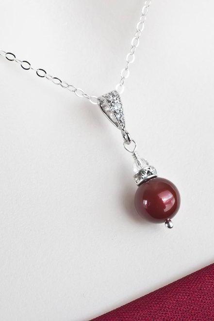 Bordeaux, Burgundy Pearl Necklace, Sterling Silver and Bordeaux Swarovski Pearl Necklace, Bridesmaids Necklace, Mother of the Bride Necklace