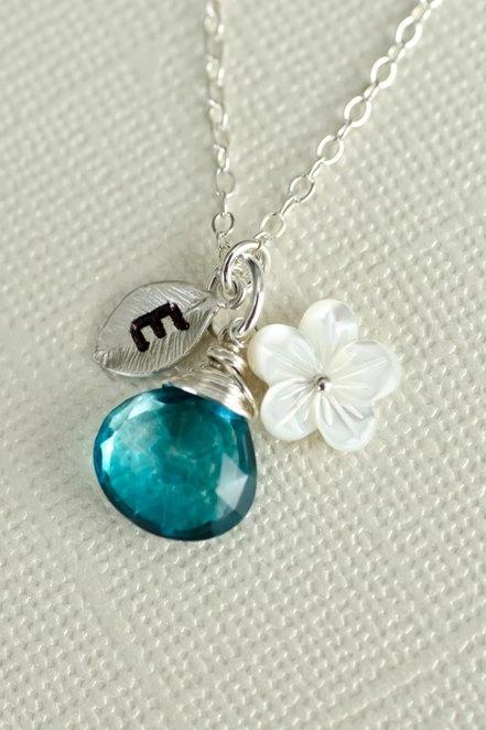 Custom Initial Necklace, Silver Tiny Leaf, Peacock Teal Blue Quartz, Mother Of Pearl Flower, Birthday Gift, Bridesmaid Personalized Necklace