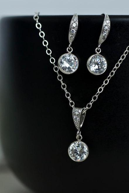 Bridal Earrings Bridal Necklace Clear White Cubic Zirconia, Round Sterling Silver CZ Bezel Bridal Jewelry Set