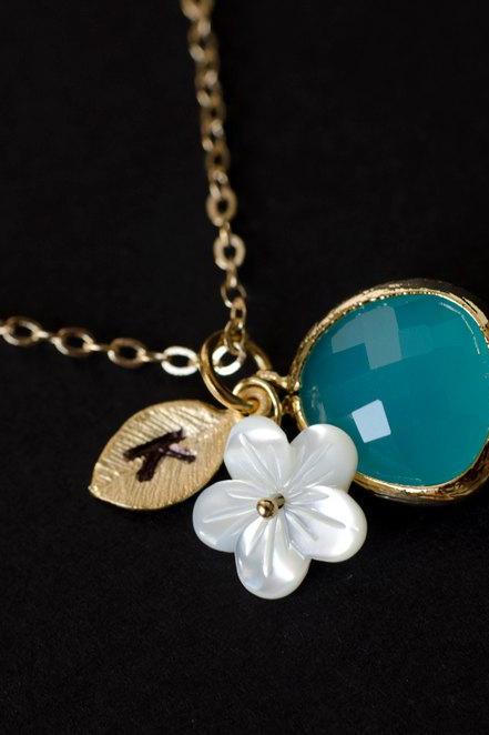 Custom Initial Necklace, Monogram Necklace, Opal Blue Glass, Leaf, Mother of Pearl Flower Bridesmaid gifts, Mother's Necklace