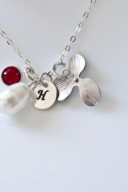 Birthstone Initial Necklace - Bridesmaid Necklace - White Pearl, Swarovski Birthstone, Silver Plated Orchid and Round Initial Disc