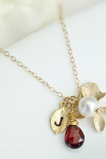 Custom Initial Necklace, Gold Plated Leaf Initial, Red Garnet, Gold Plated Orchid, Freshwater Pearl, Birthday Gift, Bridesmaid Necklace