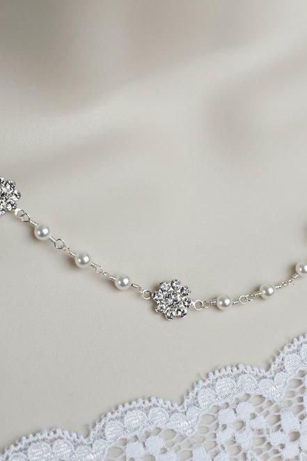 Bridal Necklace, Swarovski Pearl and Swarovski Rhinestones Bridal Necklace, Silver Rhinestones Flower Necklace, Pearl Necklace