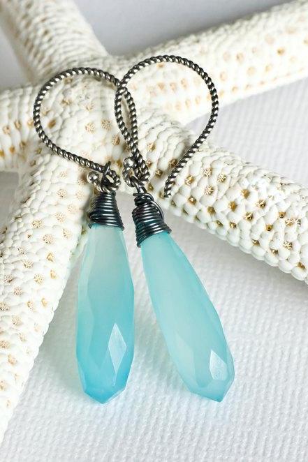 Aqua Blue Chalcedony Earrings, Gemstone Wire Wrapped in Oxidized Sterling Silver Long Drop Earrings
