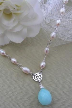 Bridal Necklace. Freshwater Pearls and Sea Blue Quartz Bridal Necklace