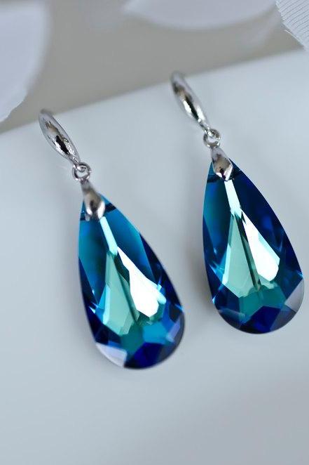 Bermuda Blue Earrings, Swarovski Crystal Earrings, Bridal Earrings on Sterling Silver Hook Earwires