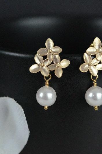 Bridal Earrings, Gold Cherry Blossom Earrings with White Swarovski 8 mm Pearl .925 Sterling Silver Earring Post. Wedding Jewellery
