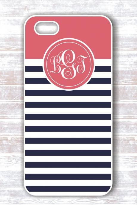 Monogram Iphone Case - Personalized navy and coral striped monogram iphone hard covers - IPhone Cases