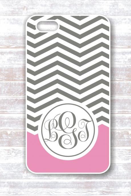 Monogrammed iPhone Case - Grey Chevron with Pink Accent Monogram - Hard protective covers for IPhones