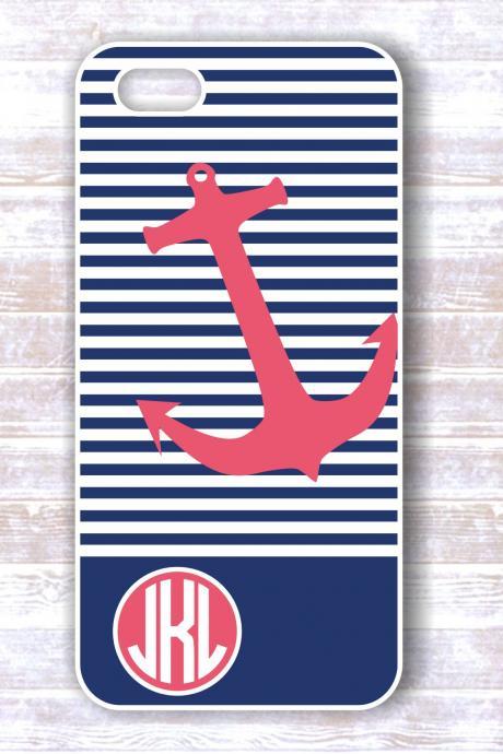 Monogrammed Iphone 4/4S Case - Pink Anchor, Navy Stripes - Personalized Hard Cases for iphones