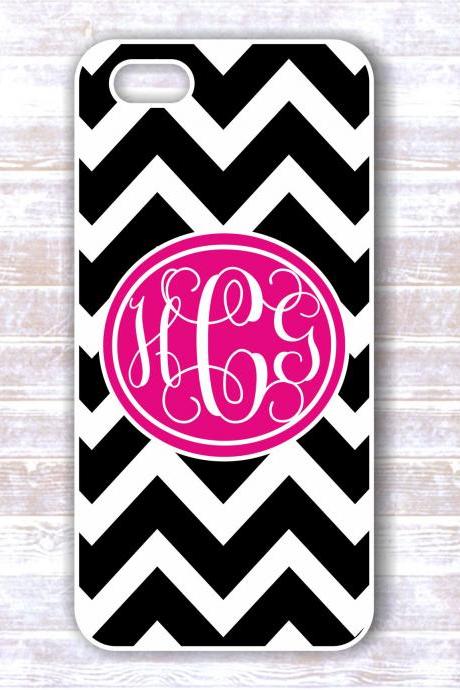 Iphone 4/4S case -Monogrammed Case Black And White Chevron Hot Pink Monogram - Personalized Hard Cases for iphones