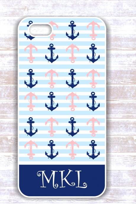 Iphone 4/4S case - White And Navy Anchors Monogram Striped Case Personalized iphone cover
