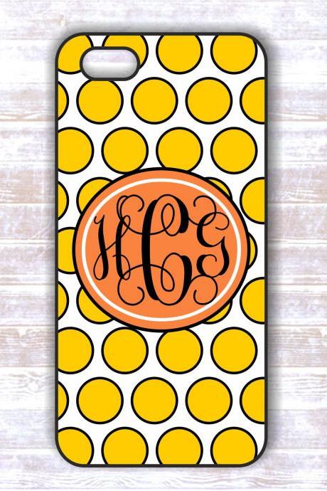 Monogrammed Iphone Iphone 4/4S case - Yellow Polka Dots Personalized Hard Cases for iphone 4/ 4S