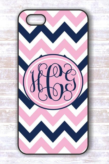 Monogrammed Iphone 4/4S case - Pink and Navy Chevron - Personalized Monogram Hard Cases for IPhone 4/4S