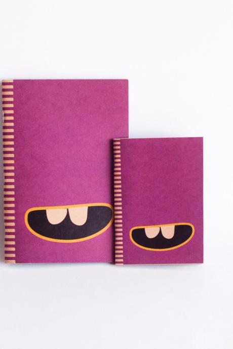 Set Of 2 : Kraft Paper &amp;amp; Saddled Stitched Notebooks - Purple Monster