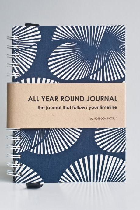 All Year Round Timeless Journal (self Filled Dates, Months &amp;amp; Years, Fabric Wrapped) - Blue Japanese Fan