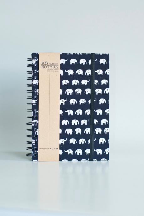 A5 Elephants Fabric Wrapped Notebook with Elastic Band (choose from line / empty sheets)