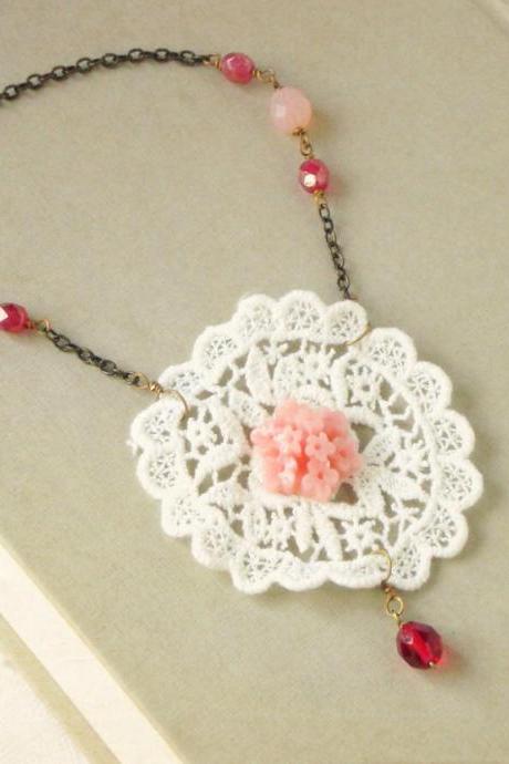 Emma Necklace - 'treasures' Collection, Lace Doily Vintage Retro Style, White And Pink