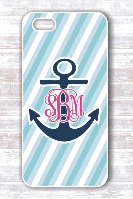 Monogrammed Iphone 4/4S case - Personalized Fancy Monogram Anchor Nautical Striped Cover IPhone Cases
