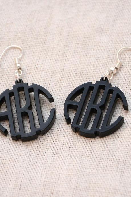3 Initials Circle Monogram Earrings - Personalized Monogram Black Acrylic Custom Lasercut