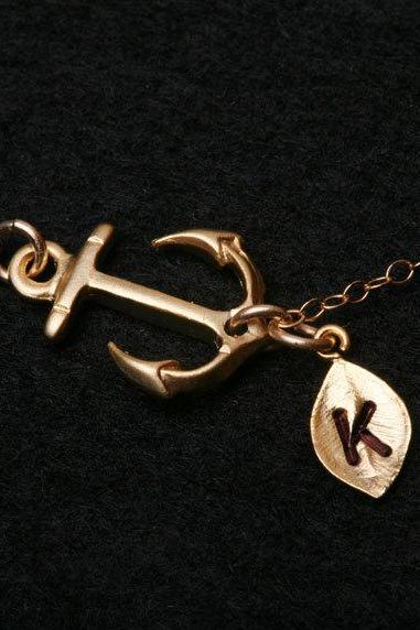 Gold Anchor Necklace,sideways Anchor with leaf initial,Pearl,Sailors Anchor,Bridesmaid gifts,strength,14k gold