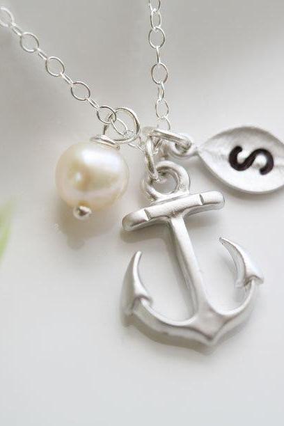 Anchor Necklace,Anchor with leaf initial,Pearl,Sailors Anchor,Wedding Jewelry,Bridesmaid gifts,daily Jewelry,strength,