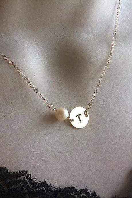 14k Gold Fill Necklace,Layering Necklace,Initial Necklace,Monogram Customize initial Necklace,Pearl Necklace,Bridesmaid Gifts