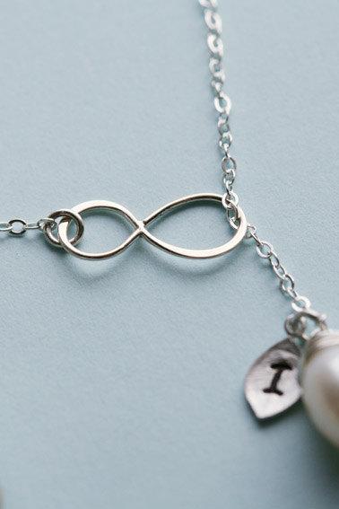 Infinity Lariat Necklace With Initial Charm,leaf Initial,birthstone,sideways,initial Necklace,friendship,personalized Initial,everyday