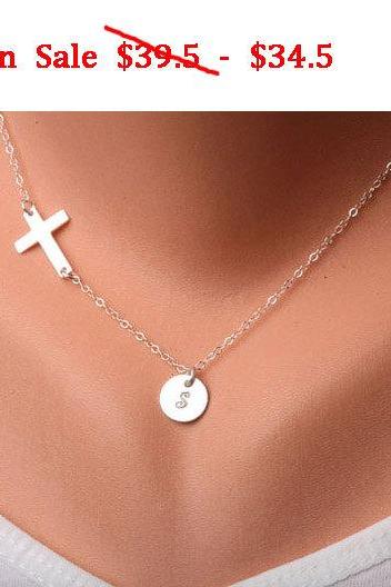 Sale-Sideways cross necklace with initial charm,Initial necklace,Blessed,Personalized,Everyday,horizontal cross