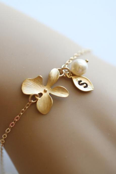 Orchid Flower Gold Fill Bracelet,leaf Initial,initial Bracelet,bridesmaid Gifts,flower Girl Gift,pearl,wedding Jewelry