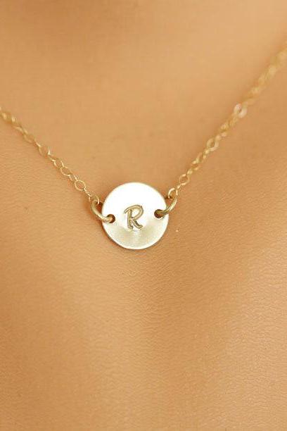 Monogram Necklace, GOLD Initial Disc Charm Necklace,Small initial letter charm,Bridesmaids Gifts, Mother's Jewelry,Daily Jewelry