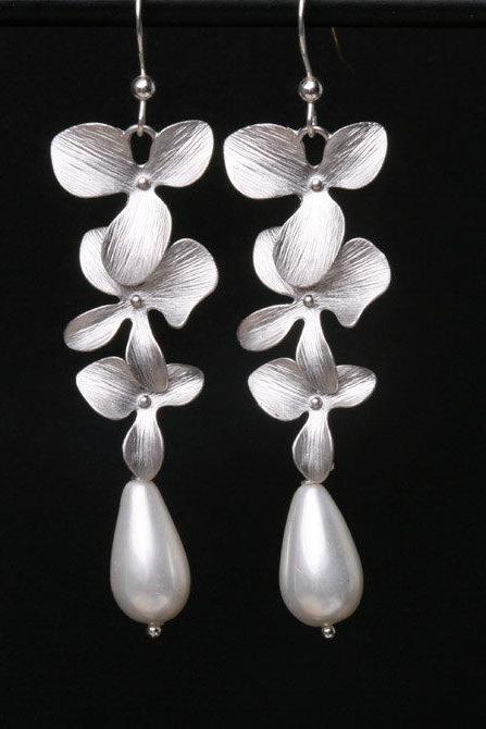 Orchid Flower Sterling silver Earrings,Teardrop Pearl,Flower Jewelry,Dangle Earrings,Wedding Jewelry,Bridesmaid Earrings