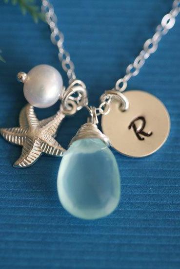 Starfish Necklace,gold Fill Necklace,custom Initial &amp;amp;amp; Birthstone,wire Wrapped Pearl,beach Theme Wedding,birthday,bridesmaid Gifts