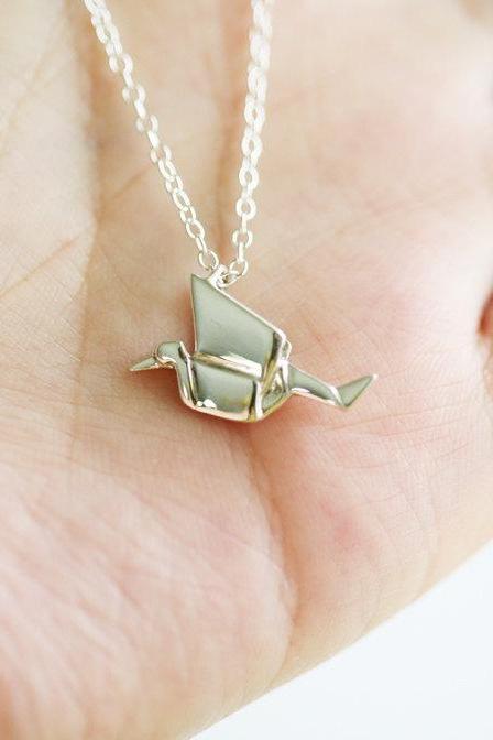 Sterling silver Origami Crane Necklace,Everyday Necklace,Daily Jewelry,flower girl,sterling silver bird necklace