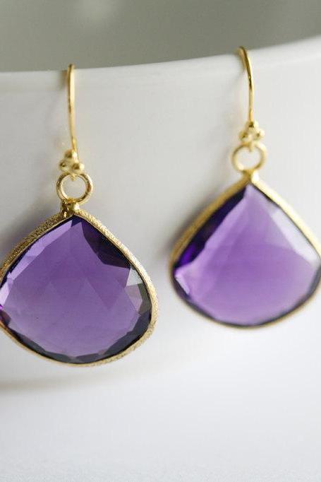 Real Purple Amethyst Earrings,large Stone Earrings,purple Wedding,purple Amethyst In Bezel,gold,bridesmaid Gifts,purple Wedding