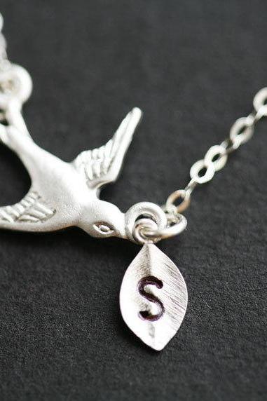 Bird Initial Necklace,Leaf initial,Initial Necklace,Mother Jewelry,Leaf necklace,Birthday,Bridesmaid gifts,Friendship