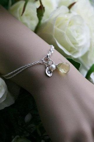 Monogram Bracelet,Personalized Initial leaf Bracelet, Silver,Bridesmaid,Flower Girl,Bridal Wedding Jewelry,Leaf jewelry