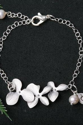 Orchid Flowers Bracelet,Leaf initial,initial birthstone bracelet,Wedding jewelry, Bridesmaid Gifts,flower jewelry