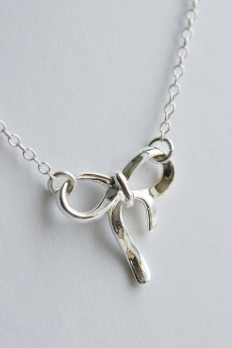 Sterling silver bow necklace, silver knot necklace,tying the knot, bridal party jewelry gifts,sisterhood,graduation gift