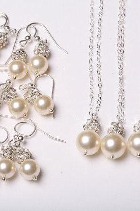 Set of 6,Bridesmaid Jewelry set,Crystal Rhinestone and pearl Sterling Silver Necklace and earrings,Wedding Jewelry